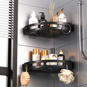 2-Piece Triangle Bathroom Shelf, Corner Shower Rack, Adhesive No-Drill Wall Mount, Corrosion Resistant Organizer with 2 Hooks, Adhesive Shower Caddy