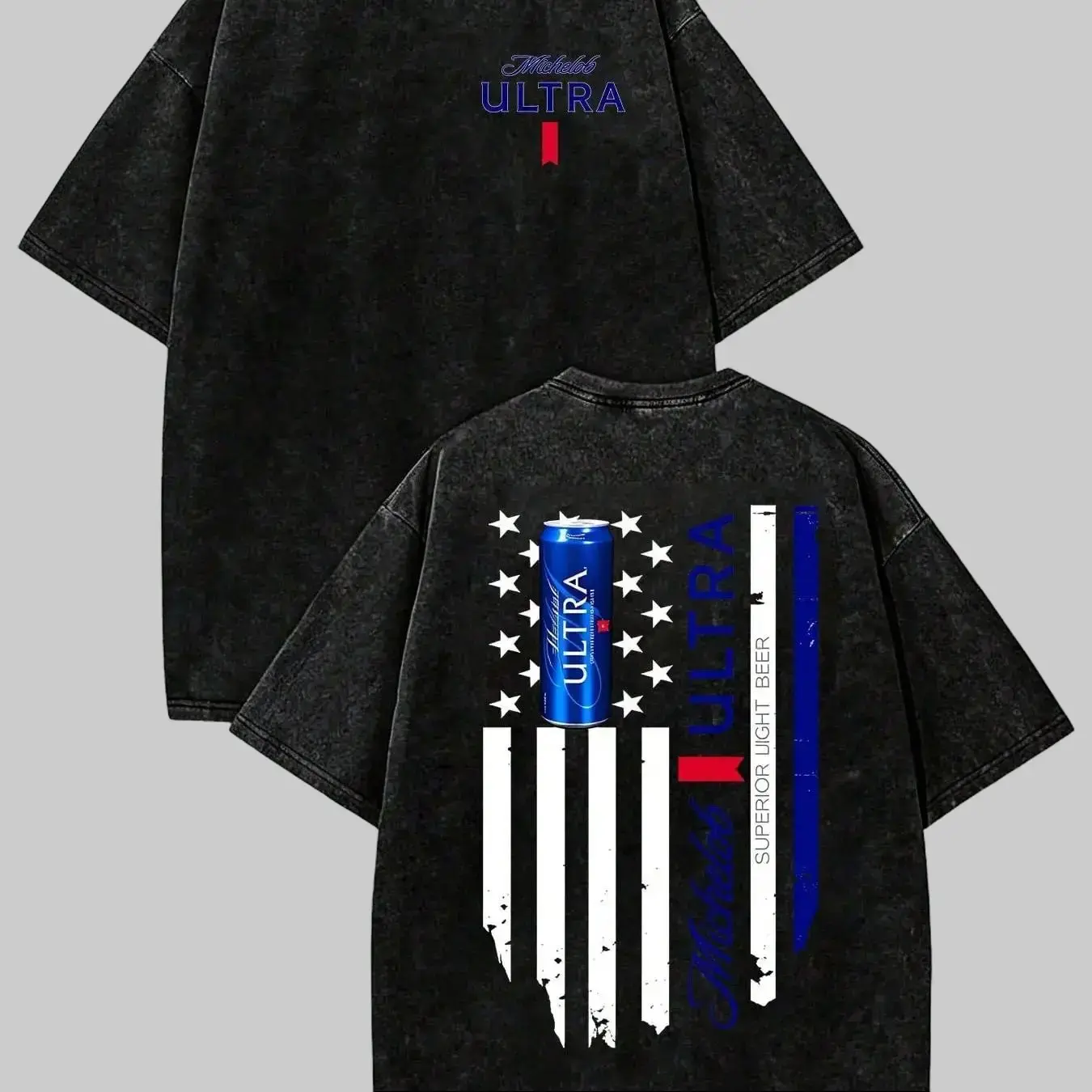 Michelob ULTRA 230g Pure Cotton T-Shirt, Washed Grey, Stars And Stripes Print, Loose Fit, Drop-Shoulder Short Sleeve. Suitable For Gifting And Outdoor Wear.