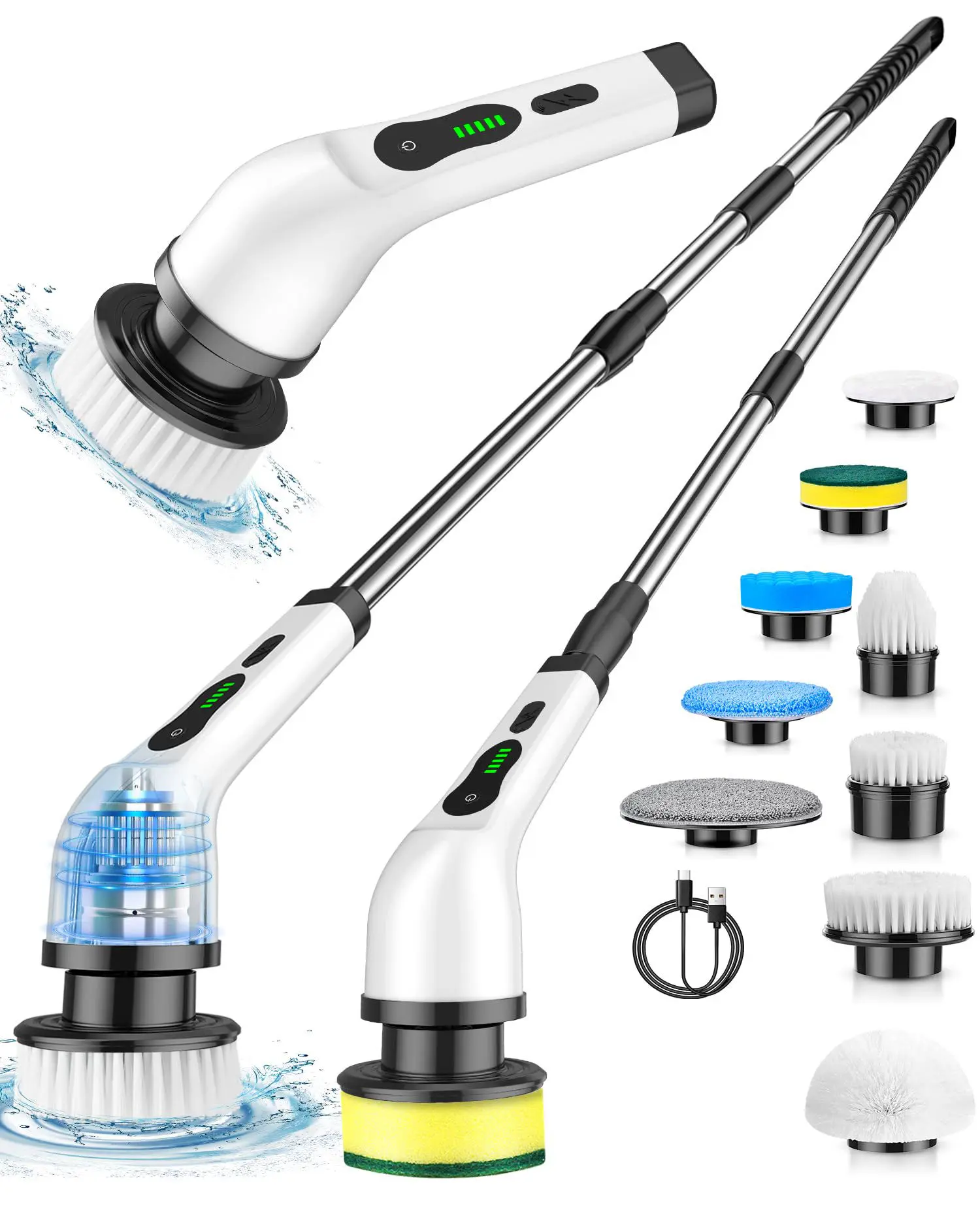9-in-1 Electric Spin Scrubber, Cordless Rechargeable Cleaning Brush with Extendable Handle, 3 Speeds, IP64 Dust & Splash-Resistant for Bathroom, Bathtub, Tile, Floor and Kitchen