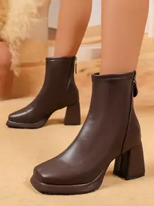 New European and American Style Square Toe Thick Heel Waterproof Platform Short Boots for Women, Slimming and Versatile Commuter Anklet Boots