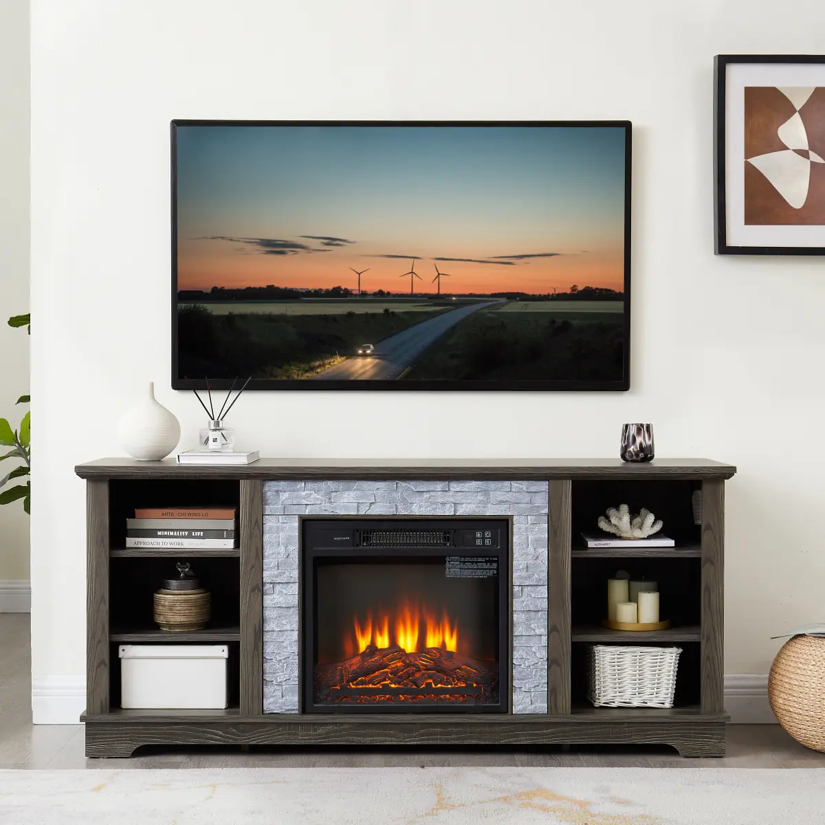 Grey Traditional Stone Electric Fireplace TV Media Stand - Faux Stacked Stone, Sound Feature, Modern Entertainment Console with Open Storage & 18" Fireplace Insert, 58.31"W×15.39"D×26.06"H