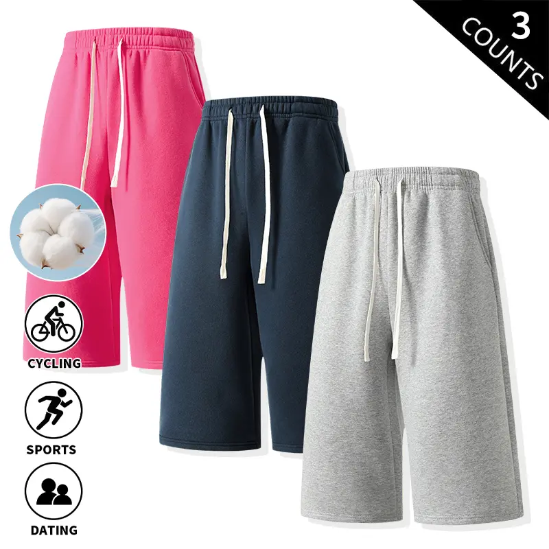 3-Pack Men’s French Terry 7-Inch Capri Sweat Shorts — Soft Cotton Blend, Drawstring Elastic Waist, Loose Knee-Length Athletic Joggers with Side Pockets, suitable for cycling, sports, dating, and everyday streetwear