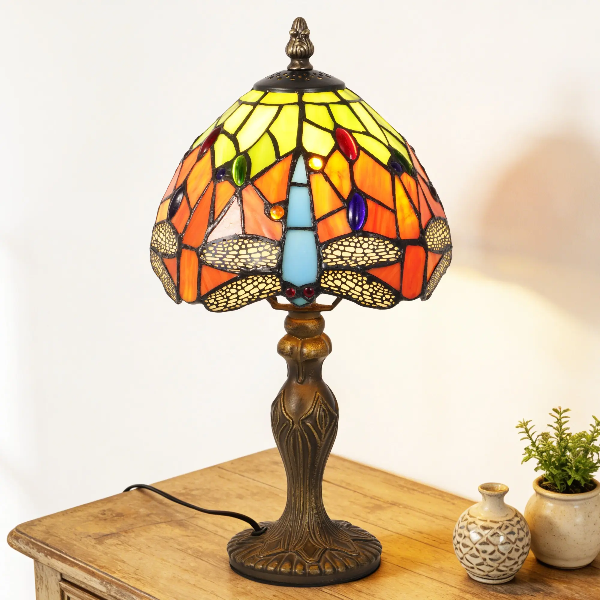 8 Inch Tiffany Style Dragonfly Table Lamp Colorful Stained Glass Vintage Accent Light for Desks Nightstands Living Rooms Whimsical Magic Glow