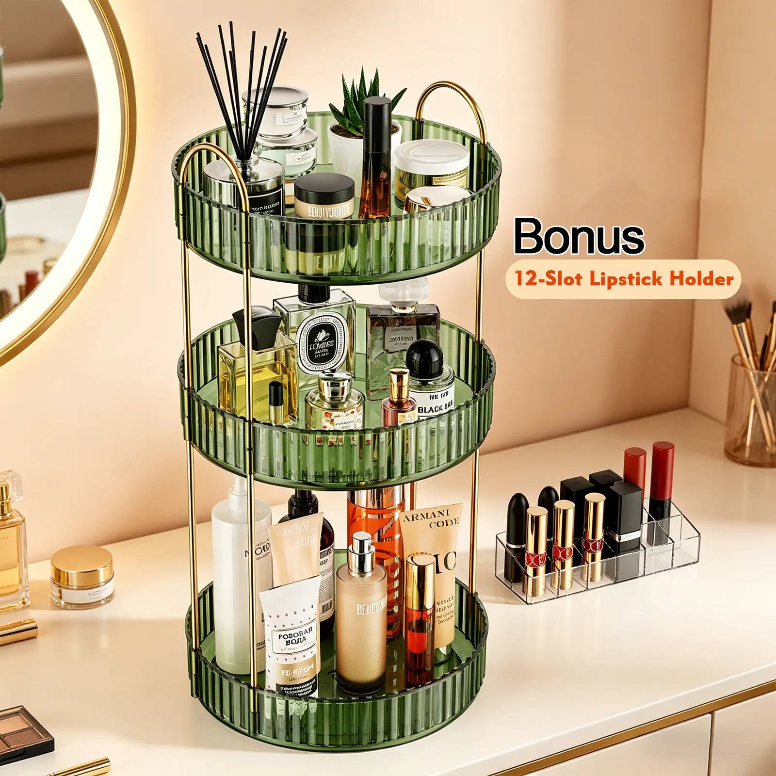 Apraly 3-Layer Round 360° Rotating Cosmetic Makeup Organizer - Durable Portable Vanity with 12-Slot Lipstick Racks, Lazy Susan Tray, Bathroom Accessories for Dorm Room Ideas & Space-Saving Makeup Storage