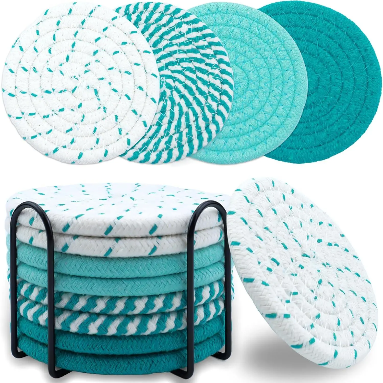 8 count Drink Coasters with Holder, Minimalist Cotton Woven Coaster Set, 4 Colors Absorbent Coaster Protection Protection for Various Cups, Ideal for Coffee Tables and Home Decor Tabletop, 4.3 Inches