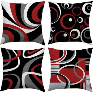 Red and Black Throw Pillow Covers 18x18 Set of 4,Grey Modern Abstract Pillowcases,Gray Geometric Circle  Decor for Sofa Couch Living Room Bedroom Home Outdoor