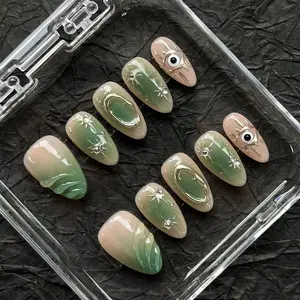 [Jade] Short Almond Handmade Press on Nails, Fake Nails with Nail tool kit with Jelly Stickers, Reusable, Durable