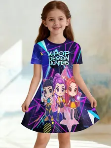 Girls' 3D Short Sleeve Dress, K-Pop Demon Hunters Q Version, Full Print Summer Dress, Perfect for Parties, Festivals, Birthday Gifts