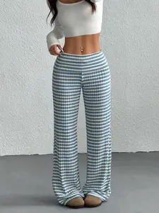 Light Blue & White Plaid Check High-Waisted Wide-Leg Pants for Women - Soft Breathable Fabric, Tummy Control & Leg-Lengthening Fit, Casual Daily/Lounge Wear, Trendy Y2K Aesthetic, One Size Fits Most Sizes S-XL