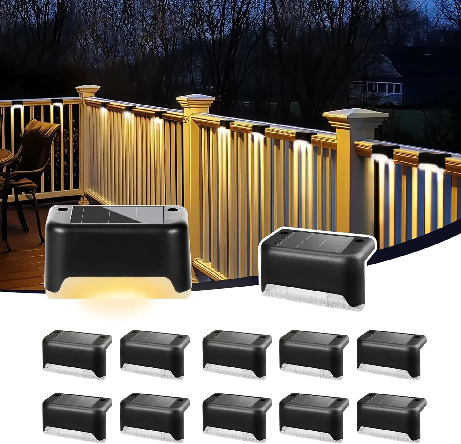Solar Deck Lights - IP44 Waterproof Automatic Sensor Step Lamps - for Outdoor Stairs, Railing, Post & Patio Fence - Warm Lighting Decor for Yard & Garden - 1/8/16 Pack Black