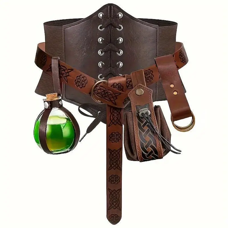 Women's 5-Piece Classic Earthy Hue Renaissance Corset Costume Set - Metal Coated Clothes Accessory with Ornamental Belt, Pouch, Cork Potion Bottle, Waist Guard, Black Accents for Halloween, Party, Costume Use, Larp