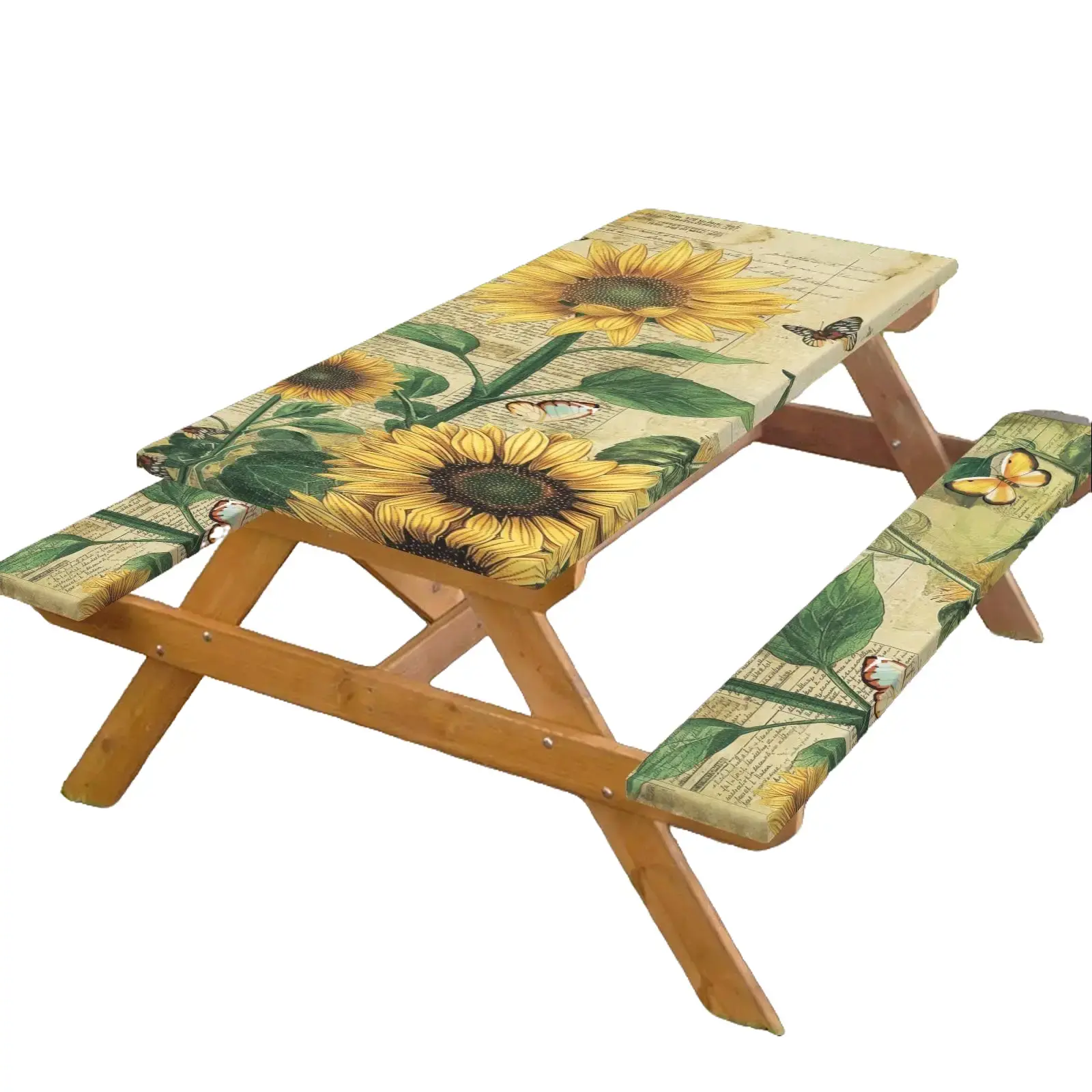 72x30 Inch Stretch Fabric Waterproof Picnic Table Bench Cover Set - Vintage Sunflower, Mushroom, Butterfly, Music Script Print - Removable, Washable, Anti-Stain, Dust, Scratch Protector for Household, Outdoor Events, Patio Decor