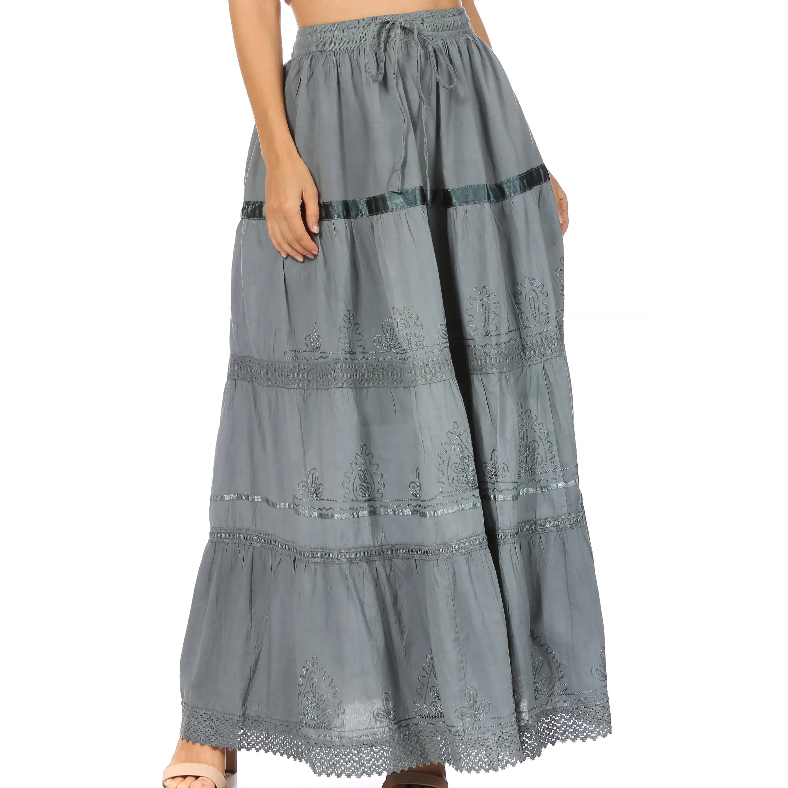 Sakkas Solid Embroidered Gypsy / Bohemian Full / Maxi / Long Cotton Skirt