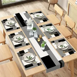 Geometric Checkered Rectangular Table Runner Set, Abstract Black and White Design, Modern Dining Home Festive Decor