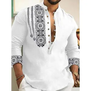 Men’s casual printed half-button shirt with an ethnic pattern, suitable for spring and autumn; a regular slim-fit, long-sleeved bohemian fashion top for everyday wear. GARMENTARY