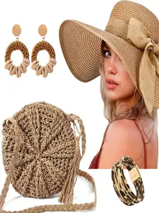 Summer Set of 4 Pieces, Large Beach Straw Hat, Shoulder Crossbody Straw Bag, Woven Circle Earrings, Leopard Print Magnetic Bracelet