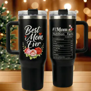 Best Mom Ever Nutrition Facts 40oz Tumbler With Handle - Funny Mother's Day Gift For Mom - Black Floral Cup Keeps Drinks Cold 24H Hot 12H