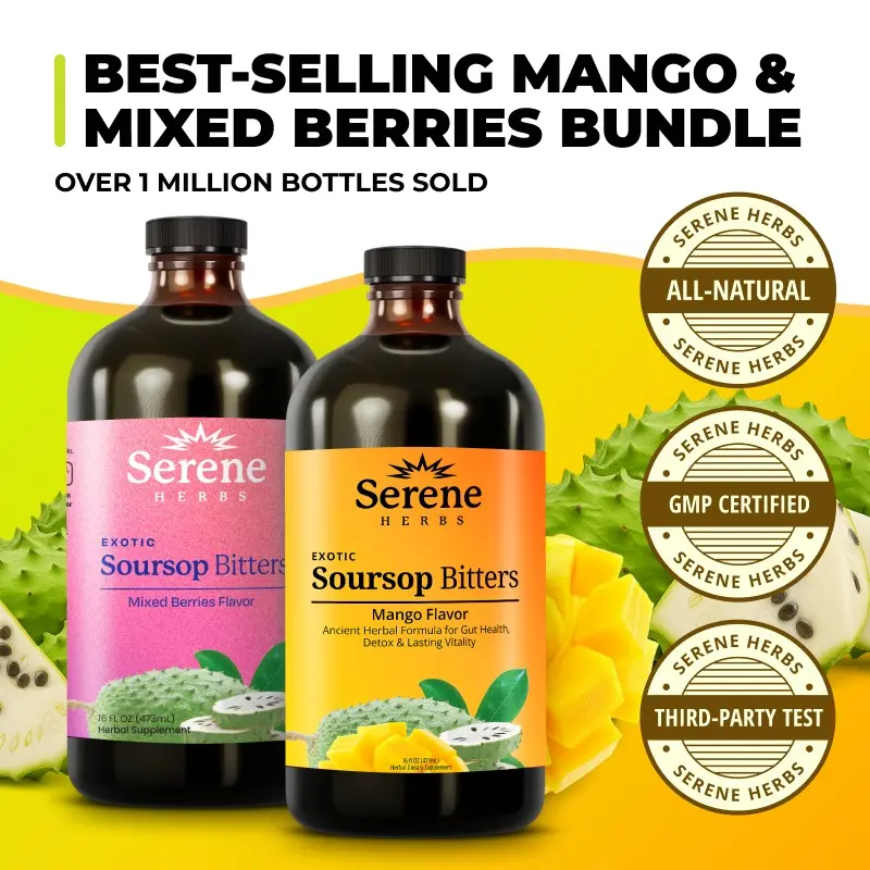 Serene Herbs Mango & Mixed Berries Bundle | Organic Herbal Detox for Digestive Health Gut Healthy Booster Immune Support & Energy | Non-GMO, Vegan (32 fl oz, 16 fl oz Each)