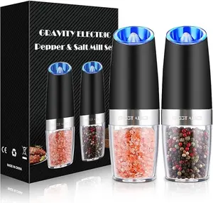 Gravity Electric Salt and Pepper Grinder Set of 2, Adjustable Roughness, LED Light, Battery Powered, Black Color, 2 Pack Kitchen Seasoning Utensils Kitchenware