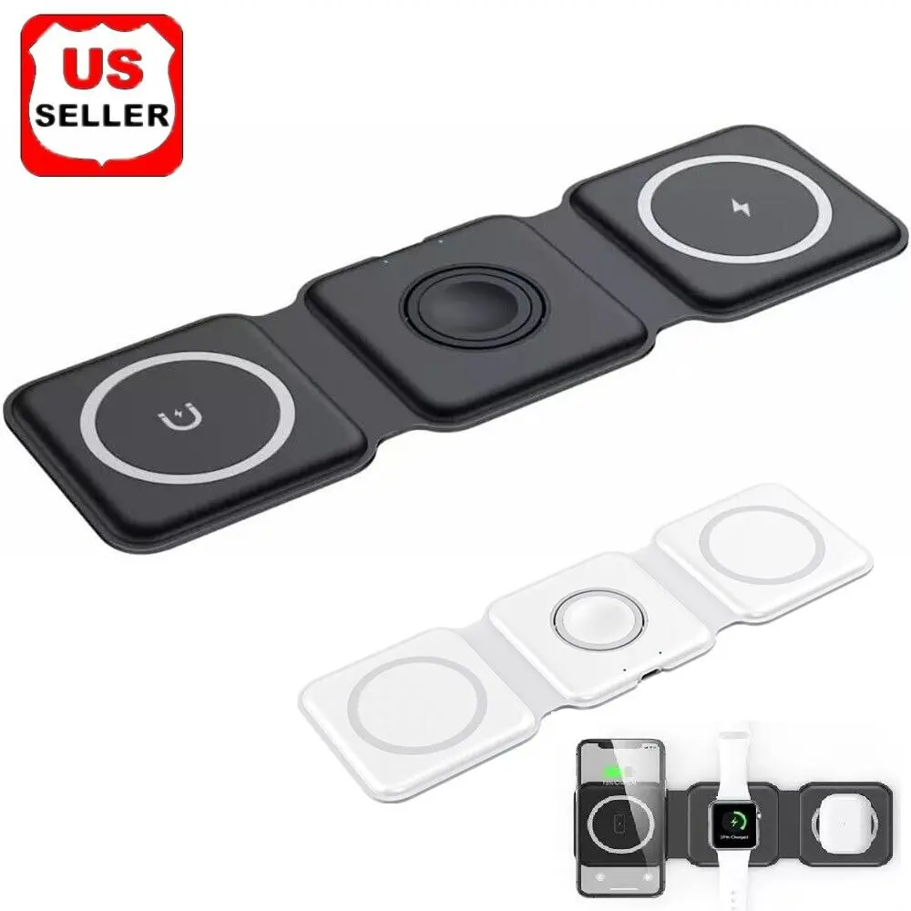 3in1 Wireless Charger Foldable Mat Pad For Apple Watch Air Pods iPhone 14 Max iPhone 15 Pro Max Cable Charging Devices Silicone Holder Magnetic Smartphone Cellphone Mobile Electronic Devices Silicone
