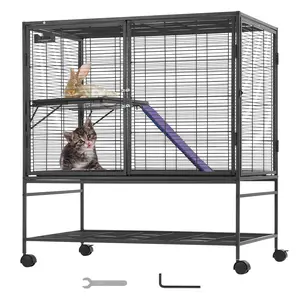 39-Inch Metal Small Animal Cage, 2-Tier Rolling Ferret Cage With Tray And Ramp, Durable Powder-Coated Finish, Easy Assembly, Locking Doors, Spacious Multi-Level Enclosure For Ferrets, Rabbits, Chinchillas