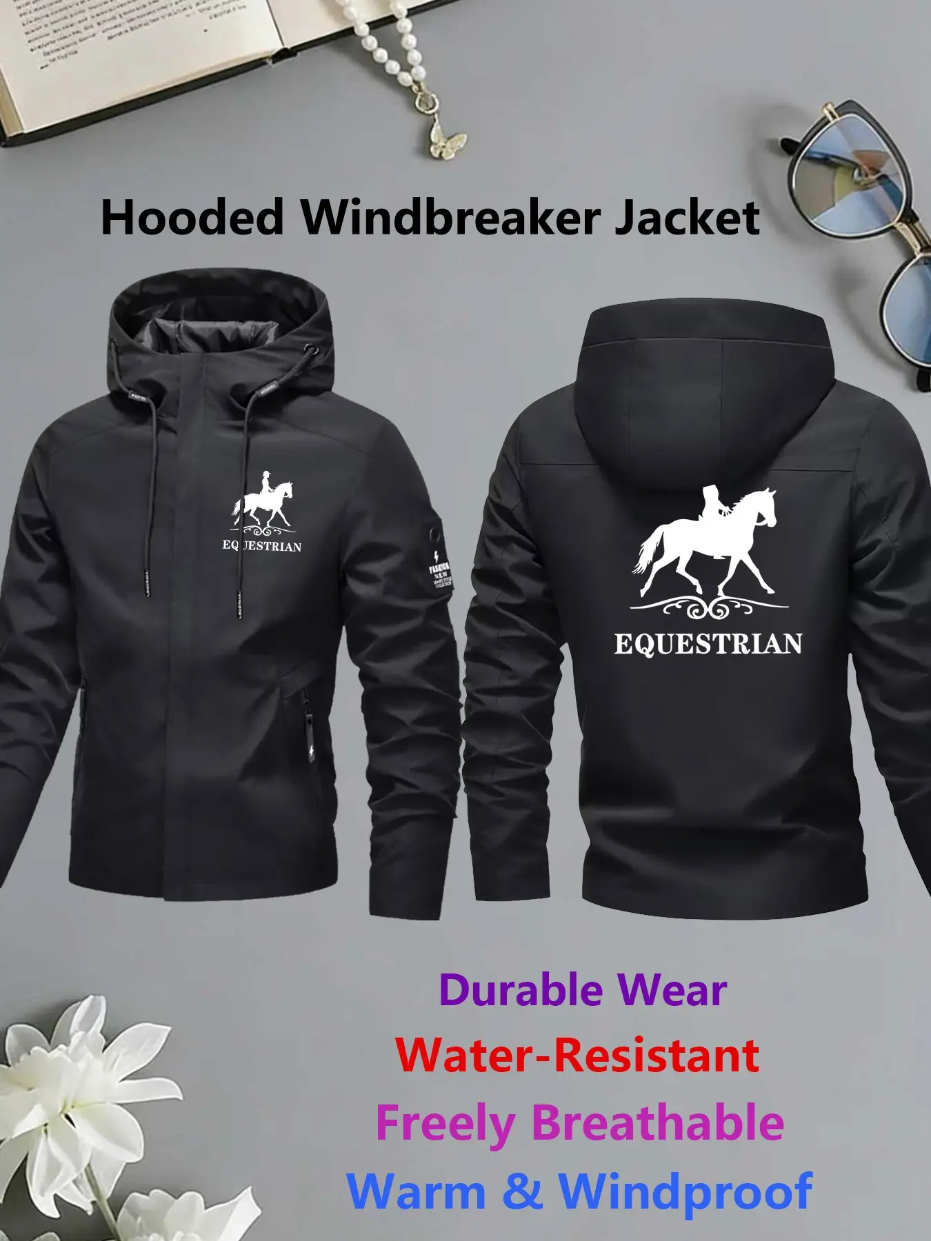 Womens Hooded Windbreaker Jacket, Outdoor Sports Jacket, Equestrian Front-Back Print Outdoor Coat Stand Collar Loose Warm Windproof for Daily Commute Horse Riding Hiking Breathable Durable Water-Resistant Lightweight All Season Outerwear