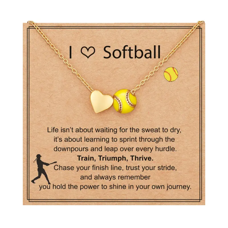 Gold Heart-Shaped Brass Pendant Necklace - Sensitive Skin-Friendly, Fashion Pendants, Trophy-Inspired Sports & Outdoor Accessory, Couple's Gift for Softball Enthusiasts, Unisex Birthday/Card Present