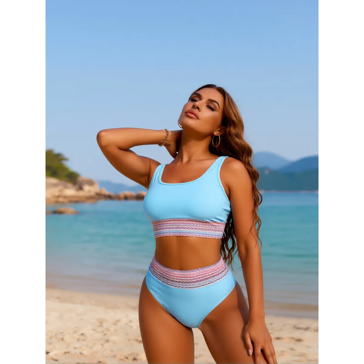 Modest Tummy Control High Waisted Bikini Set - Light Blue Scoop Neck Sporty Two Piece Swimsuit with Colorful Crochet Waistband - Full Coverage Padded Swimwear for Beach Poolside Summer Outfit 2026