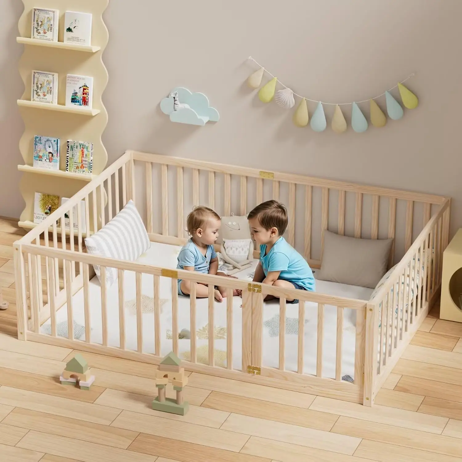 NEKODO Twin/Full/Queen Size Floor Bed with 21.6" High Fence, Solid Wood Multifunctional Montessori Bed Frame with Door for Kids Boys Girls, Without Slats, Natural