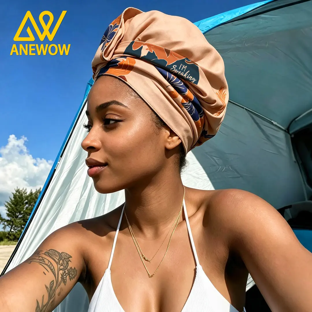 ANEWOW Khaki Floral Print Polyester Satin-Lined Adjustable Tie-Up Hair Bonnet, Clothes Accessory for Casual Daily Use
