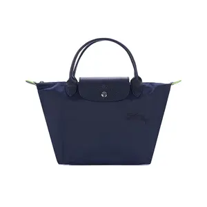 Longchamp Le Pliage Navy Blue Small Tote Bag with Zipper and Leather Trim for Women