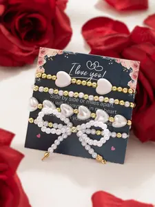 Valentine's Day Heart Bow Simulated Pearl Bracelet Set, Multi-Layered Gift Card Hand Chain, Daily Wear Versatile Jewelry