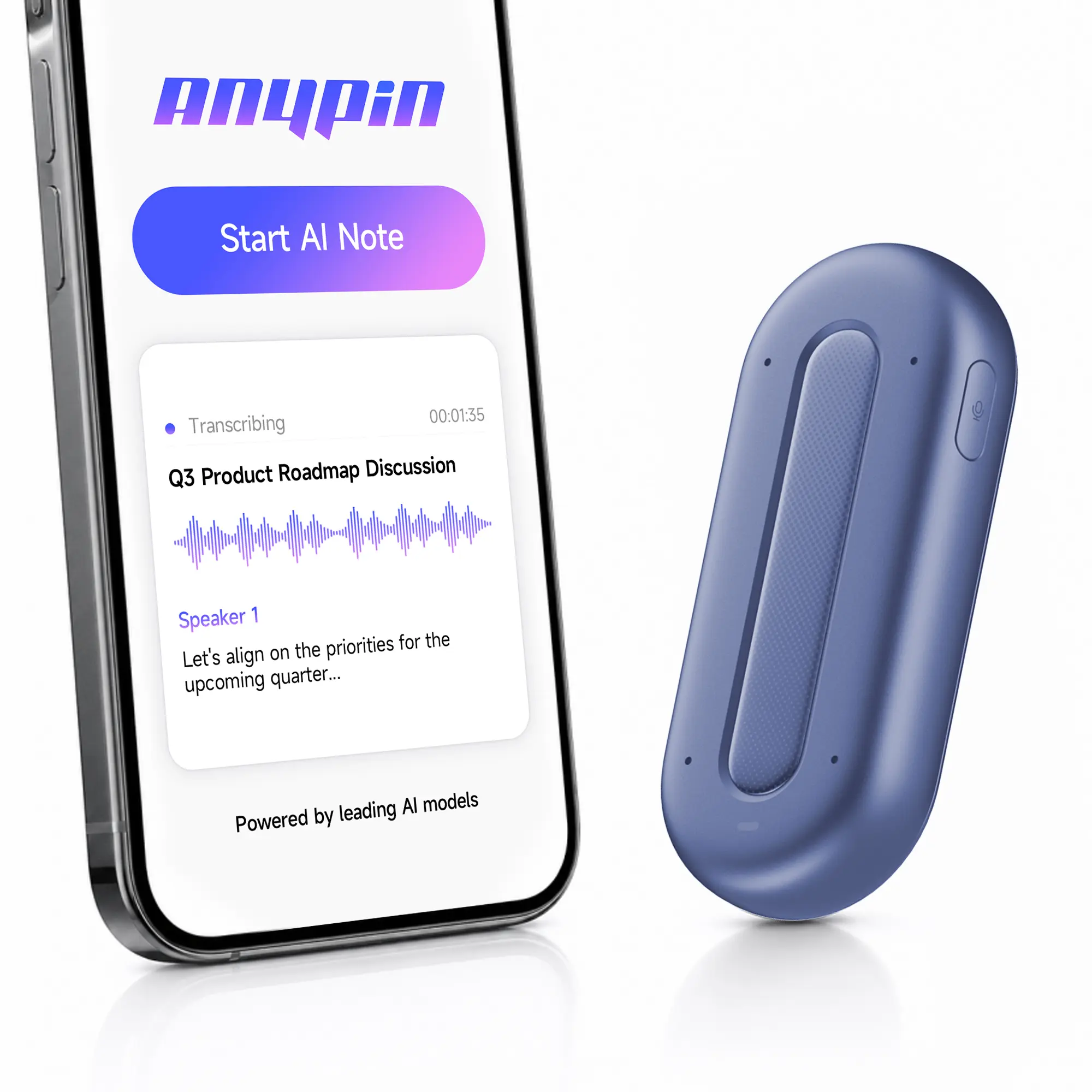 ANYPIN Wearable AI Voice Recorder, Ultra-Slim Pocket Recorder with Transcribe & Summarize, 120+ Languages, 64GB Magnetic AI Notetaker for Business, Meetings & Interviews, Cosmic Blue