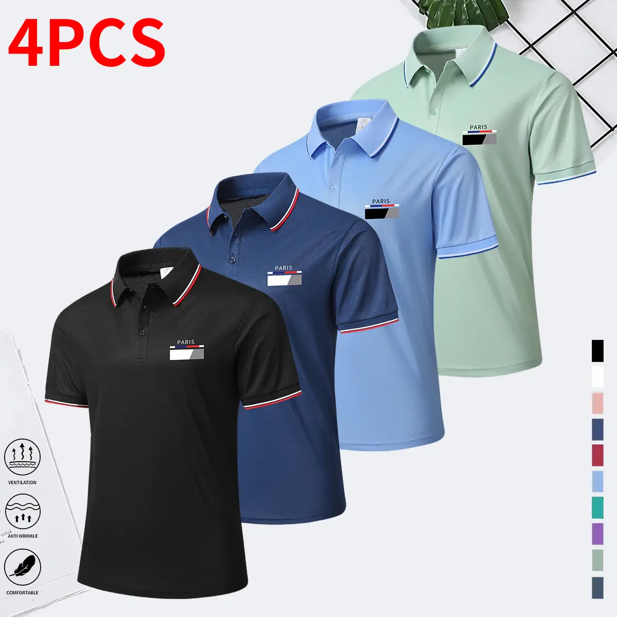 4-pack summer men’s fashion tops: button T-shirts in solid colors with chest icon graphic print, featuring a notched collar and short sleeves. Designed for comfort and breathability, with a casual style.