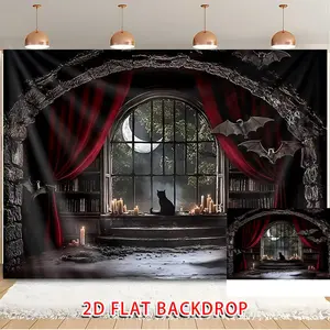 1PC 2D Flat Polyester Halloween Backdrop Banner - Gothic Castle Window, Cat & Bats Tapestry, Reusable Photo Booth Curtain, Birthday Party Decoration, Indoor-Outdoor Home Festive Prop