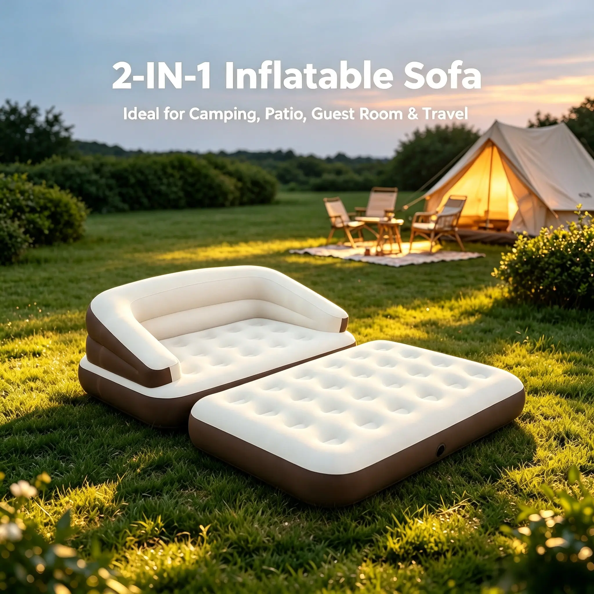 5-in-1 Foldable Convertible Futon Sofa Bed with Ergonomic Headboard - Single Size Adults'Folding Mattress Couch, High-Back Lounge, Comes with Free Inflation Pump, Assembly Required, for Campfire,BBQ Party Camping Guests, Indoor Easy Setup, Folding Mattres