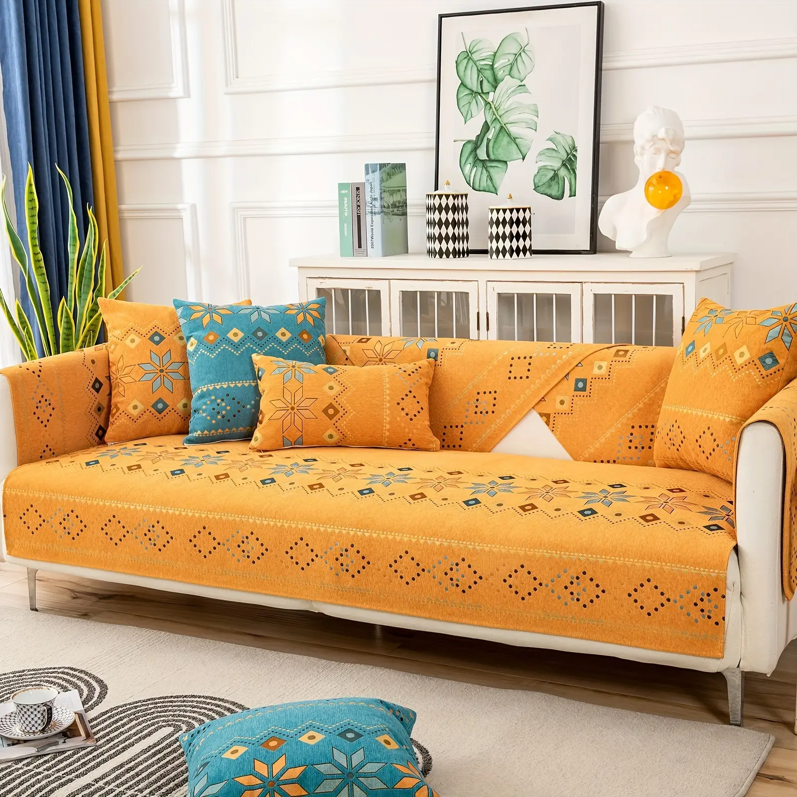 Bohemian Chenille Slipcover(Sold Individually), Geometric Embroidery Cover, Pet Friendly Soft Sofa Protector, Non-Slip Durable Cushions Cover, Upholstery