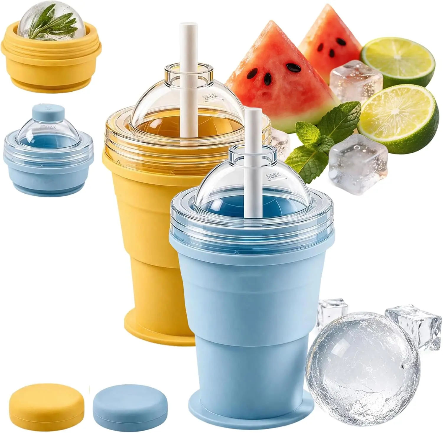 13.5oz Portable Collapsible Silicone Ice Ball Cup - Reusable 2-in-1 Leak-Proof Plain Water Bottle with Giant Ice Mold, Anti-Loss Strap, Straw, Foldable Tumbler for Iced Coffee, Camping