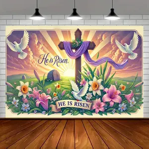 1PC 2D Flat Polyester Reusable Easter "He is Risen" Wall Hanging Backdrop - Religious Decor Banner with Cross, White Doves, Flowers, Party Decoration Supplies for Church Events, Birthday Gatherings