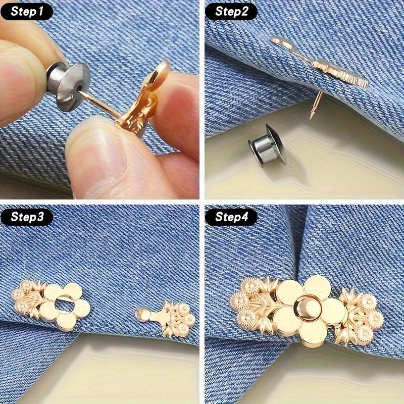 4-Pack Golden Floral Adjustable Waistband Tightener, Snap-On Jeans Button Pins, Metal Waist Reducer, No Sew Instant Fit Denim Flower Clasp