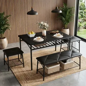 Garvee Modern Dining Table Set for 4 with 2 Chairs and 1 Bench, Metal Frame, Storage Rack, Ideal for Small Spaces, Apartments, and Restaurants