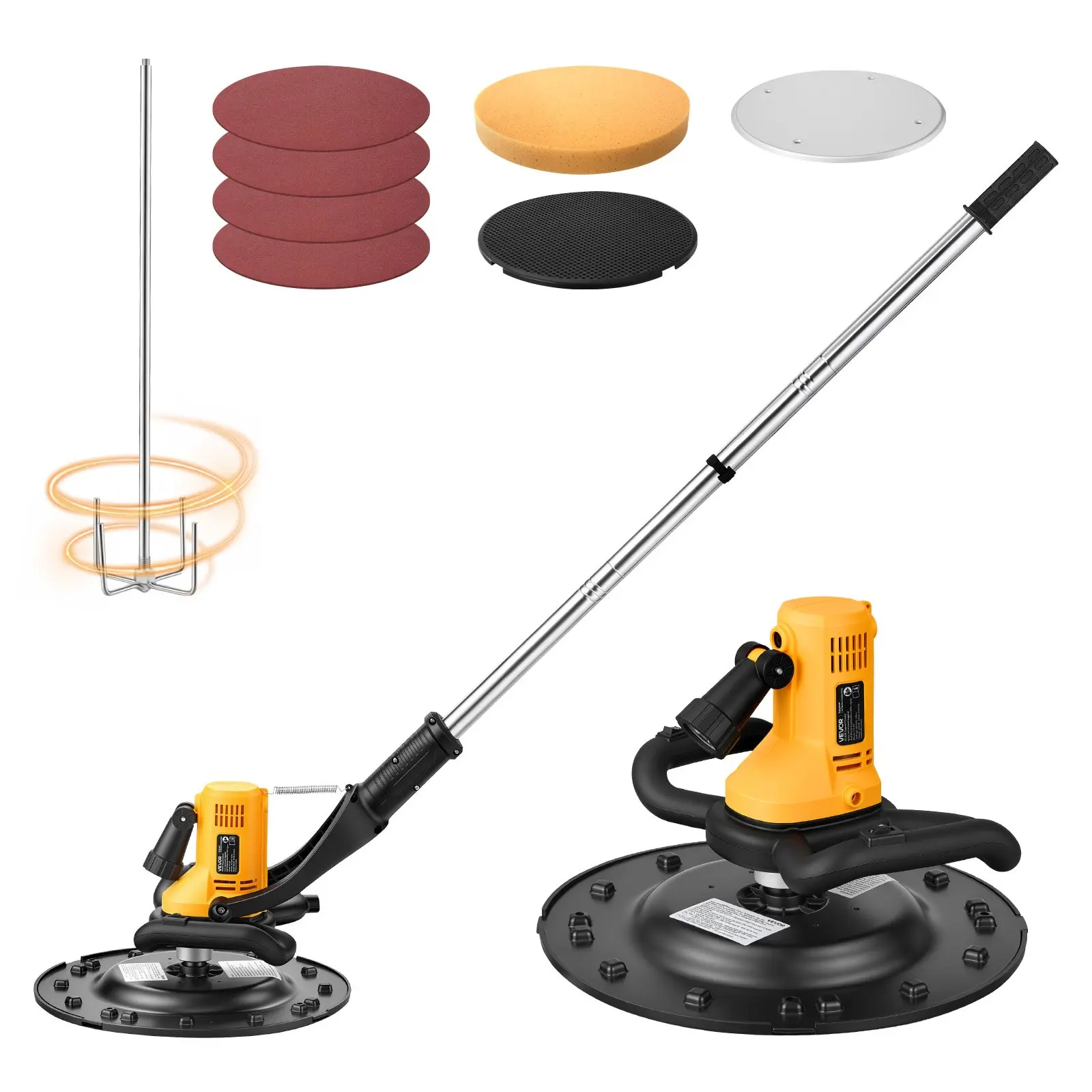 【Summerfinds】VEVOR 800W Corded Electric Power Trowel Concrete Floor Polisher, 6-Speed 120-200 RPM Concrete Finishing Machine with Mixing Rod, Steel & Plastic Discs, Extension Handle, Cement Floor Smoother, High-Efficiency, Dark-Area Illumination, Power To