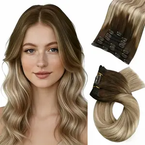 HC Clip in Hair Extensions Ombre Blonde Human Hair Clip in Extensions Ombre Light Brown to Ash Blonde Balayage Hair Extension Clip ins Silky Straight 24 Inch 7Pcs/120g