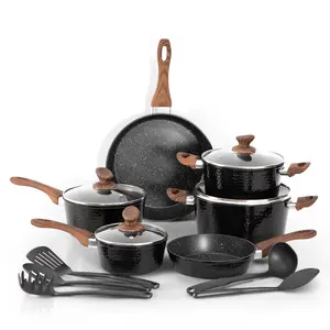 [New Year] Kitchen Academy Premium Cookware Sets - 15 Piece Triple Coated Nonstick Aluminum Composition for Oven, Stovetop Pot Pans Cast Iron Skillet Casserole