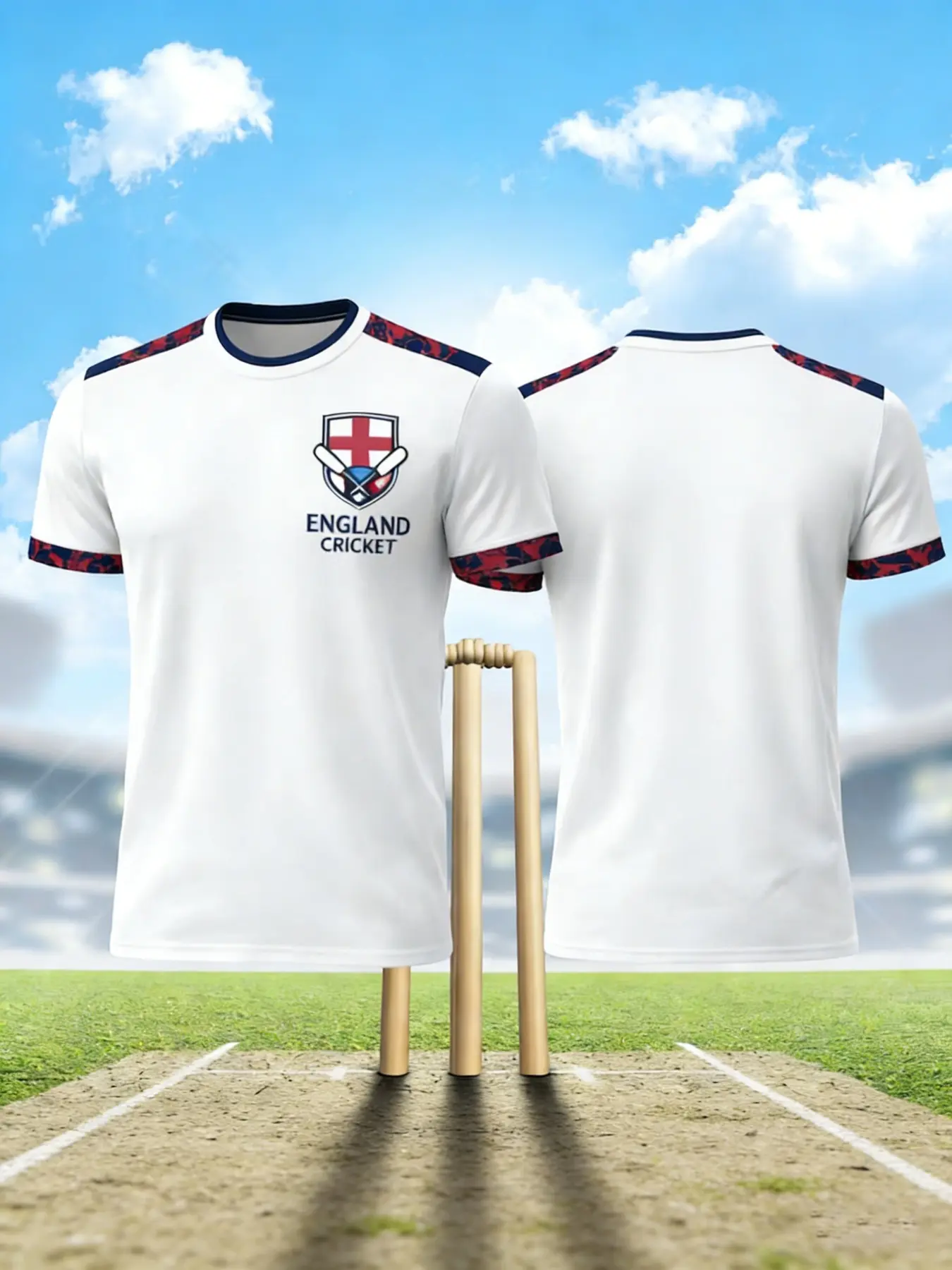 England cricket team jersey | Classic white and blue color scheme | Professional stadium-level equipment | ENGLAND CRICKET team uniform | Retro shield-shaped emblem | Must-have for cricket enthusiasts