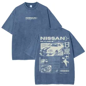 [KM 100%cotton]Vintage JDM Sports Car Graphic Washed Denim T-Shirt Skyline Men's Graphic Tees Streetwear Outfits Men Vacation Outfits Oversized Tshirt Men Retro Deftones Tour