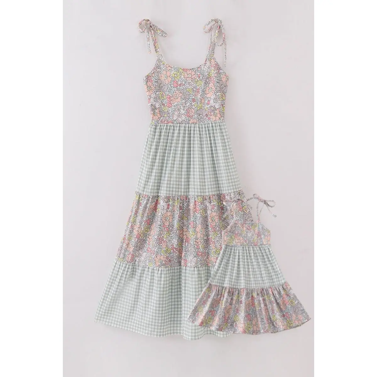 Sage Pastel Floral Gingham Dress for Women, Casual Cotton Blend Mom & Me Puff Sleeve Smocked Midi