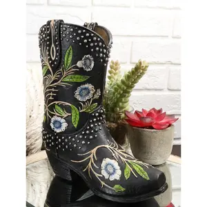 Western Cowboy Black Tooled Leather Floral Vines Cowboy Boot Pen Holder Vase