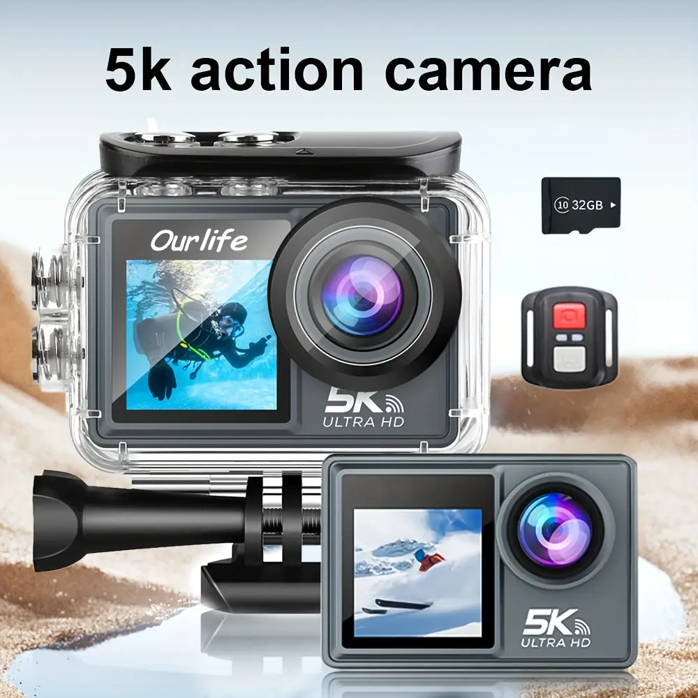 Touchscreen Waterproof Sports Camera 5k30fps 50mp, Remote Control, 32GB Storage Card, Wide Angle Lens, Underwater Video, Surfing Skiing Photography