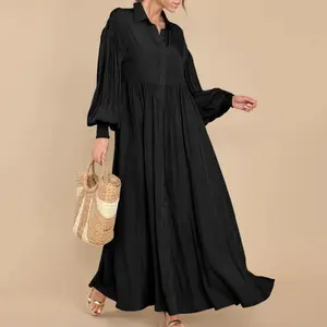 Women's Casual Long Sleeve Button Down Shirt Dress,Elegant Pleated Flowy Swing Maxi Dress ,Casual dress Modest Solid Color